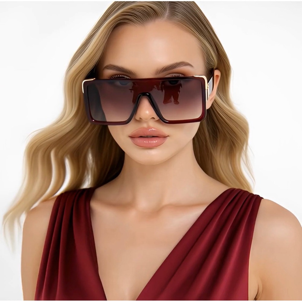 Oversized Fashion Design Sunglasses Brown Gradient Gold Hardware Flat Top Women - Picture 11 of 12